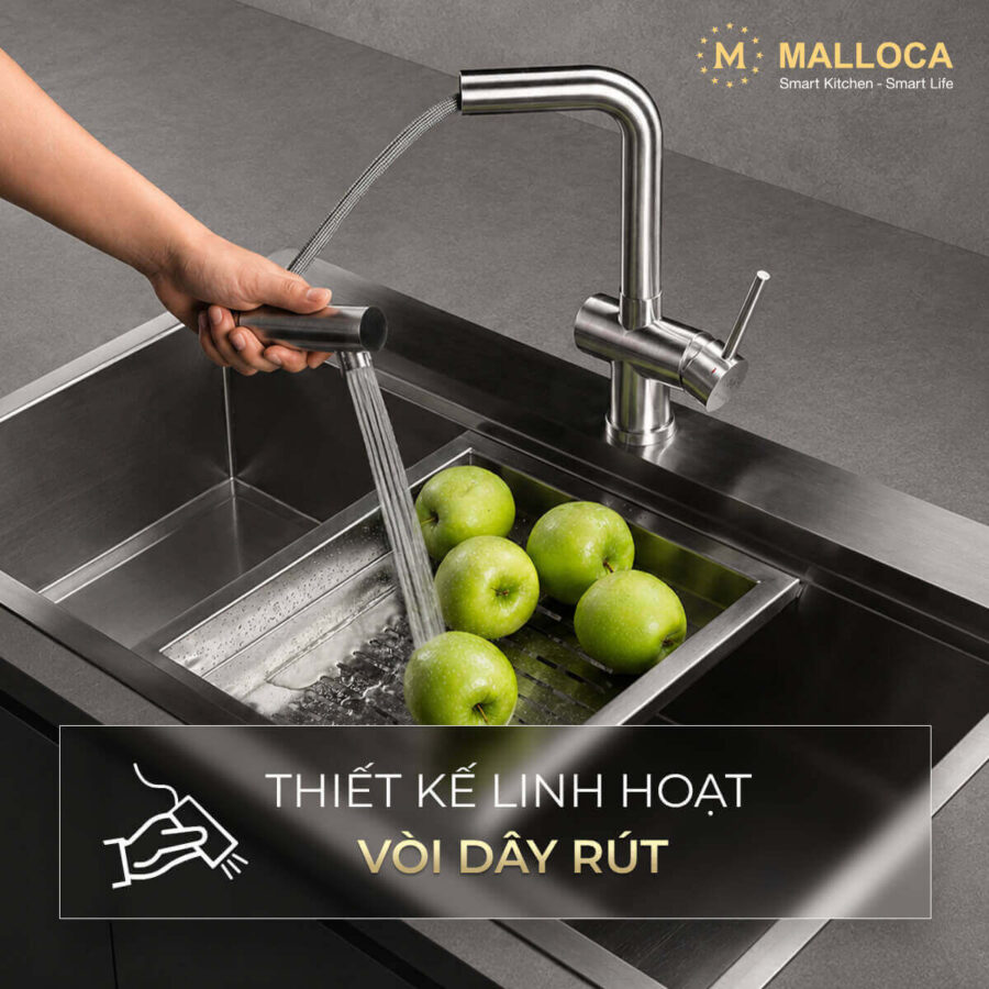 Vòi rửa chén nóng lạnh dây rút Inox 304 Malloca K103SS