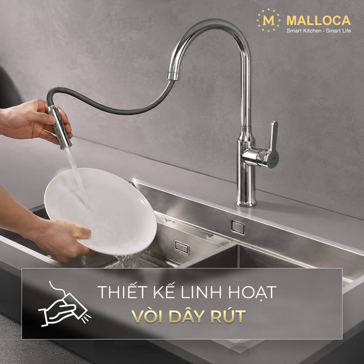 Vòi rửa chén nóng lạnh dây rút đồng thau Chrome Malloca K94C - Ảnh 2