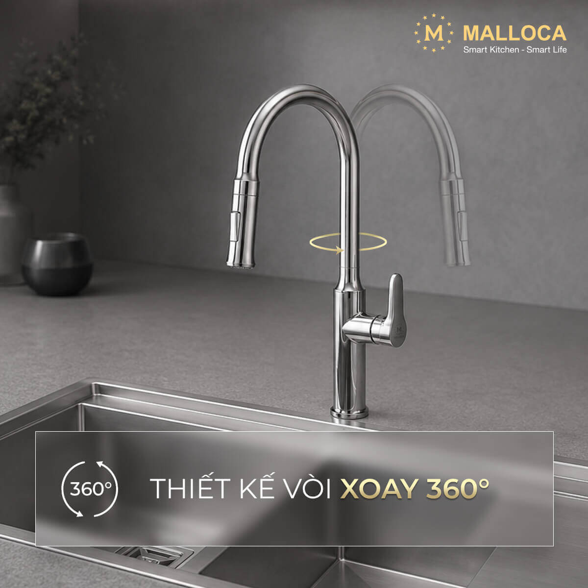 Vòi rửa chén nóng lạnh dây rút đồng thau Chrome Malloca K94C - Ảnh 3