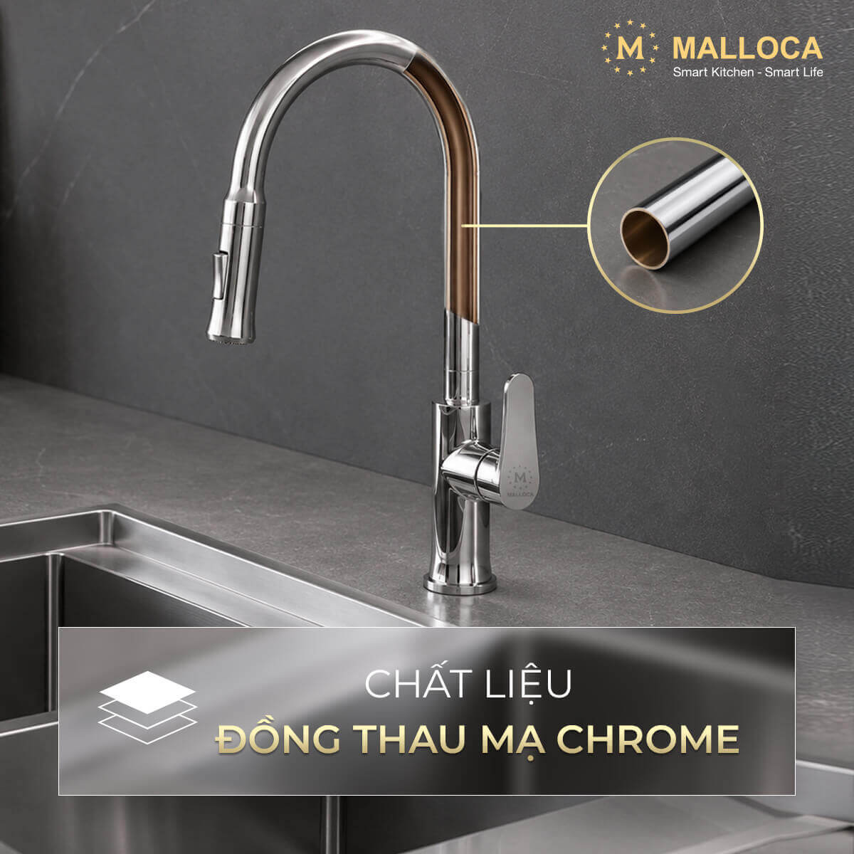 Vòi rửa chén nóng lạnh dây rút đồng thau Chrome Malloca K94C - Ảnh 4