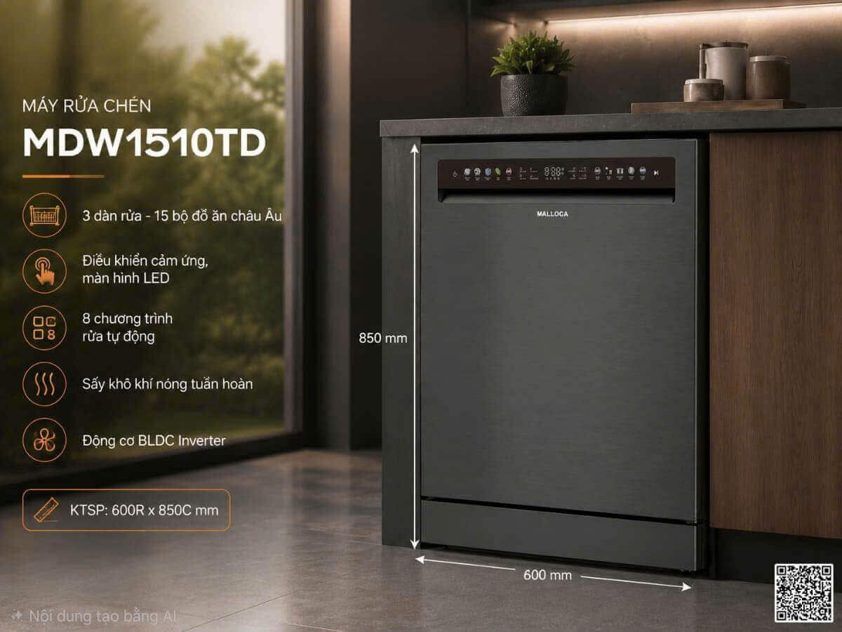 Máy rửa chén độc lập 15 bộ chén dĩa Malloca VORTEX MDW1510TD