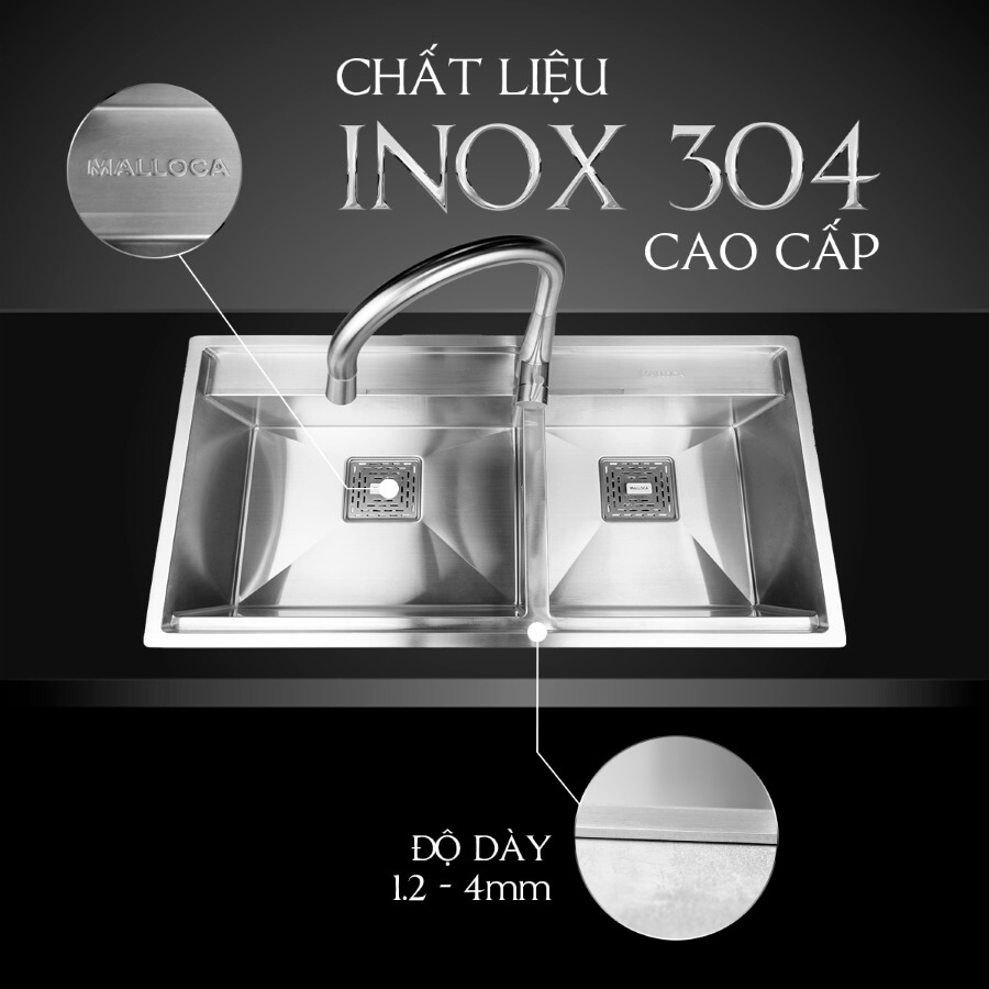 Chậu rửa chén 2 hố Inox 304 Malloca MS6304ST
