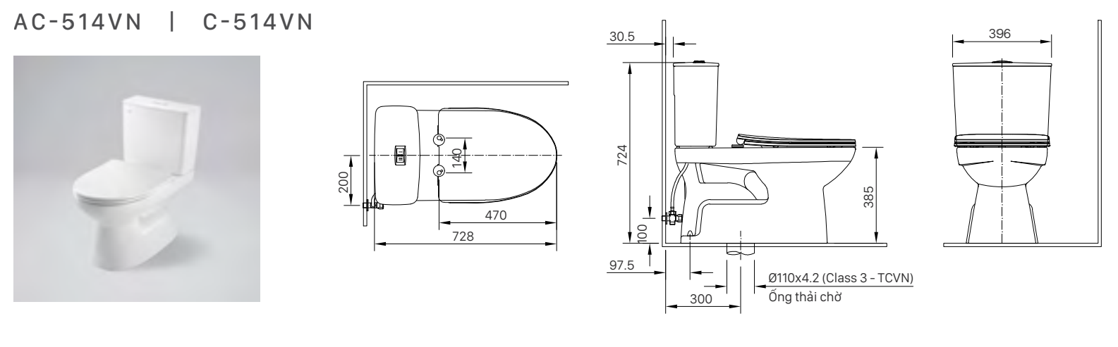 ac-514-bvkt-3 Bồn cầu 2 khối nắp rửa cơ INAX C-514A + CW-S32VN-1