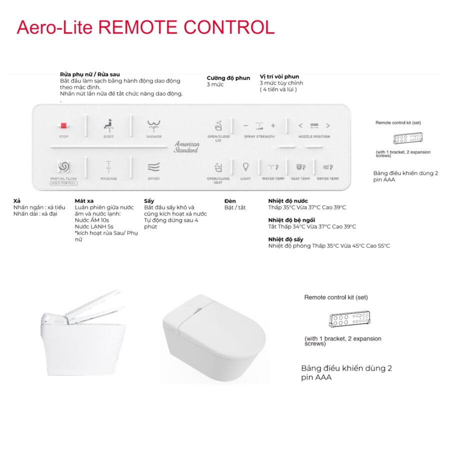 Bồn cầu American Standard WP-7391 treo tường điện tử Aero-Lite (WP7391) (1073919990) (103032BL00+103026SH00)