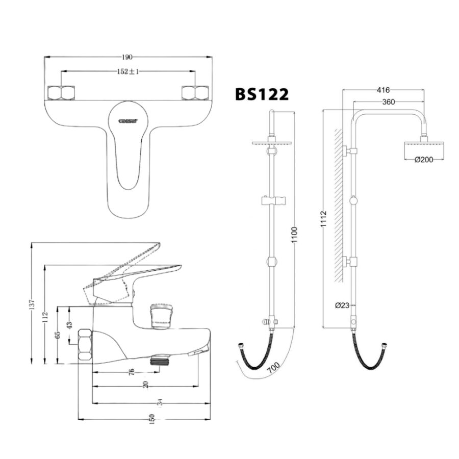 Bộ sen cây tắm đứng nóng lạnh Caesar BS122+S123C