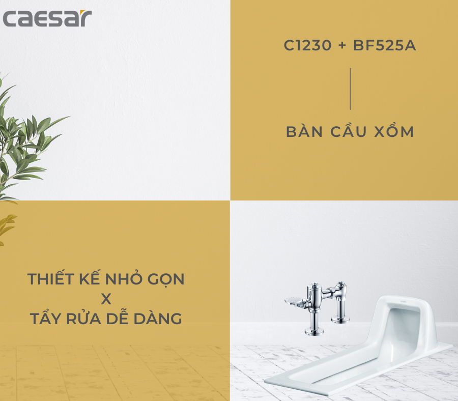 Bồn cầu xổm kèm van xả tay gạt Caesar C1230+BF525A