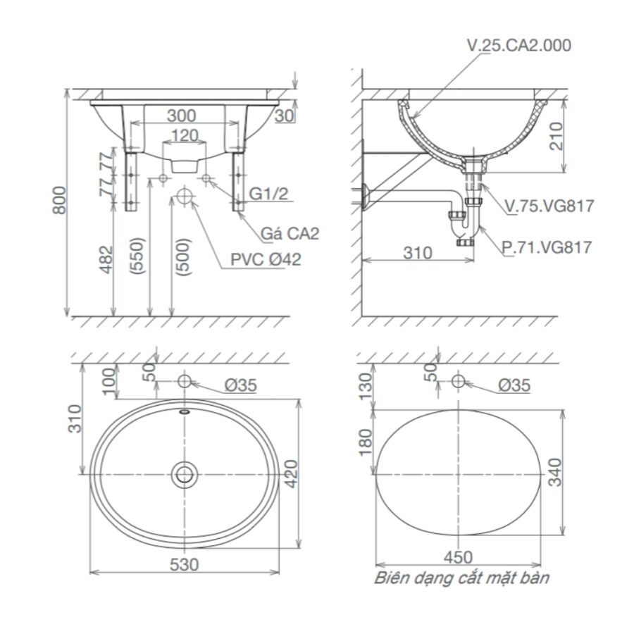 Chậu rửa mặt lavabo âm bàn Viglacera CA2