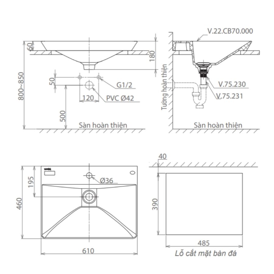 Chậu lavabo đặt bàn Viglacera CB70