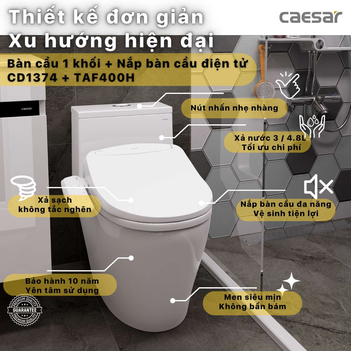 Bồn cầu 1 khối nắp điện tử Caesar C1374F + TAF400H (CD1374+TAF400H)