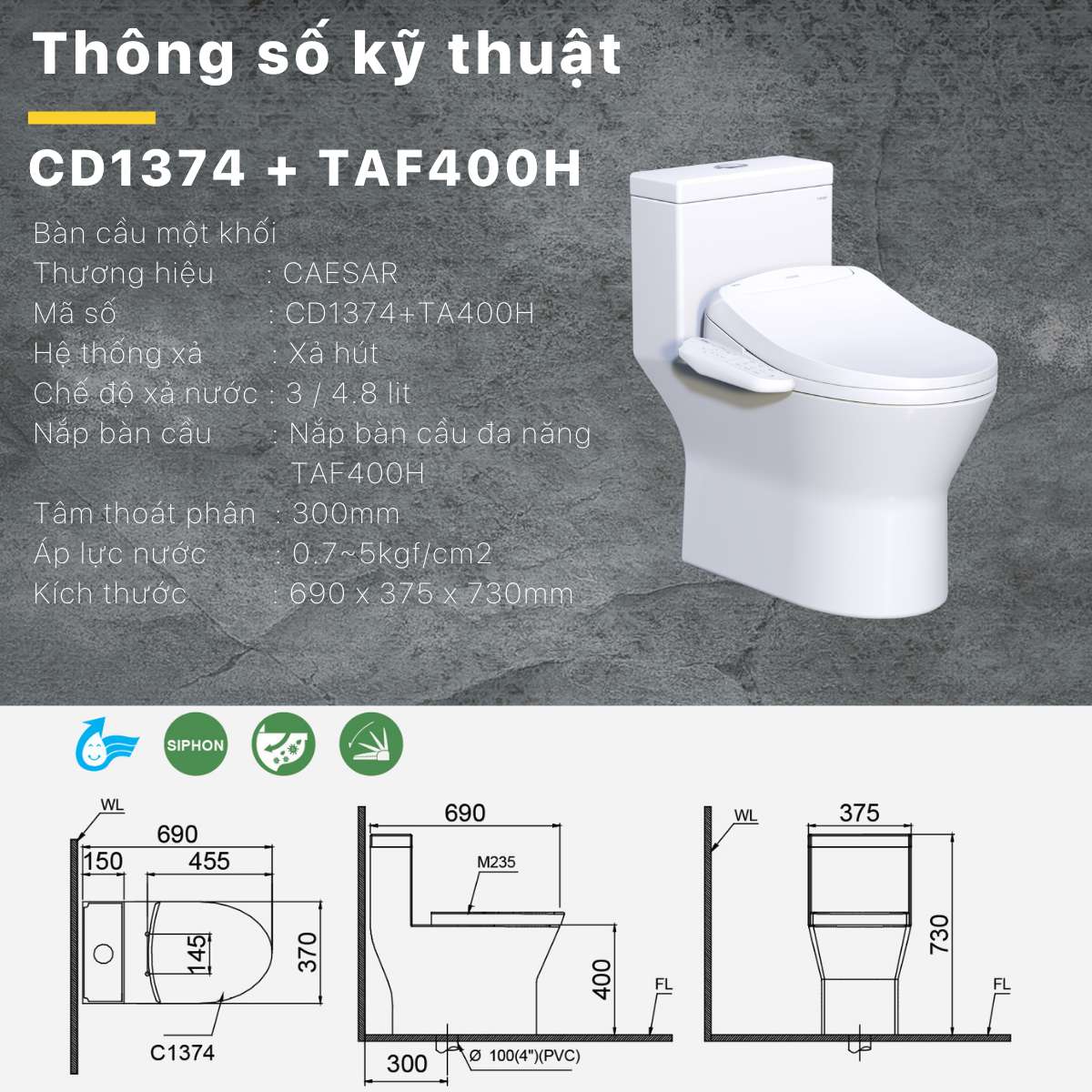 Bồn cầu 1 khối nắp điện tử Caesar C1374F + TAF400H (CD1374+TAF400H)