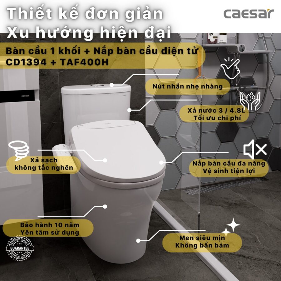 Bồn cầu 1 khối nắp điện tử Caesar C1394F + TAF400H (CD1394+TAF400H)