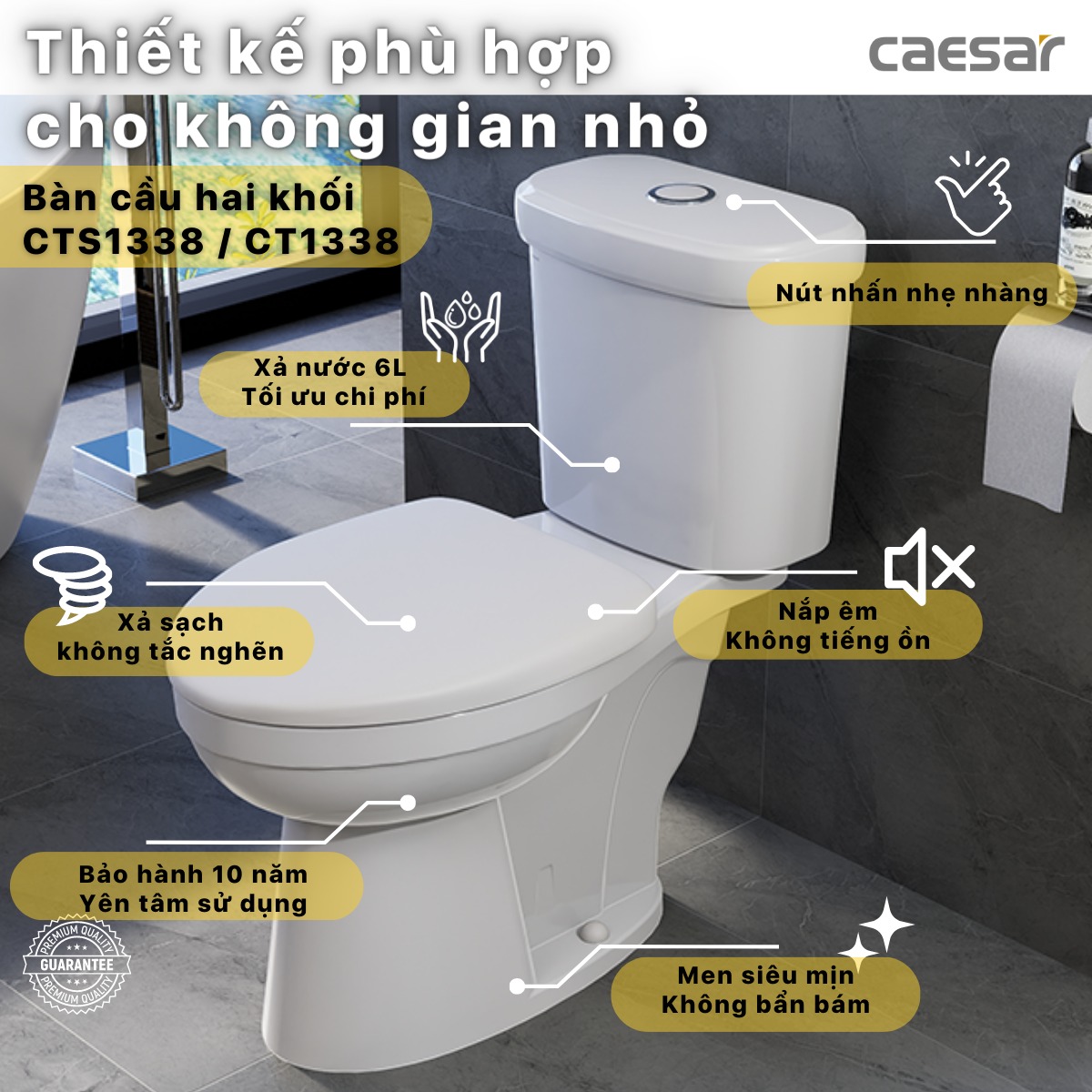 Bồn cầu 2 khối Caesar CTS1338 nắp êm