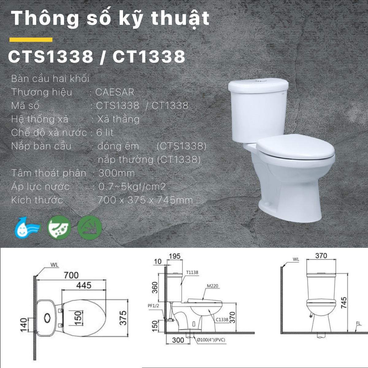 Bồn cầu 2 khối Caesar CTS1338 nắp êm