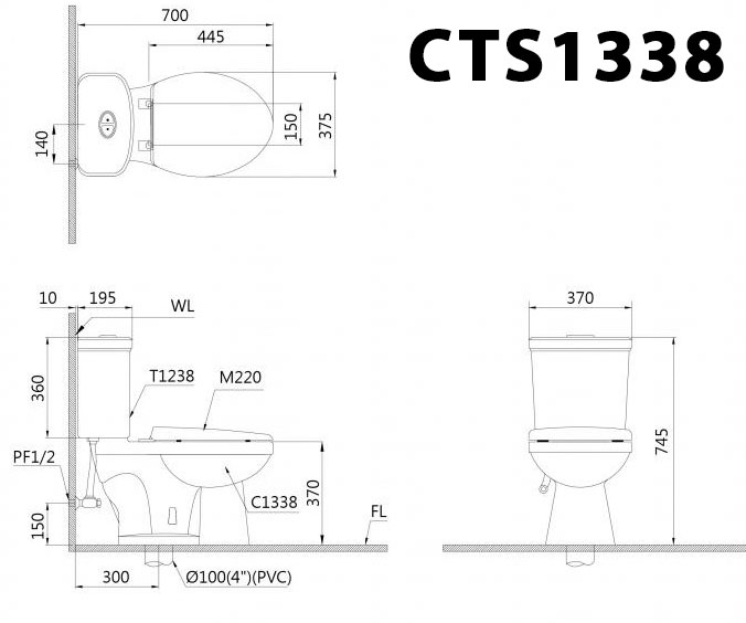 Bồn cầu 2 khối Caesar CTS1338 nắp êm