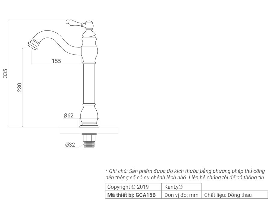 Vòi lavabo thân cao bằng đồng Kanly GCA15B nóng lạnh