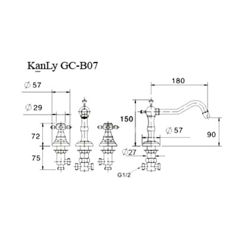 Vòi chậu âm bàn nóng lạnh bằng đồng Kanly GCB07