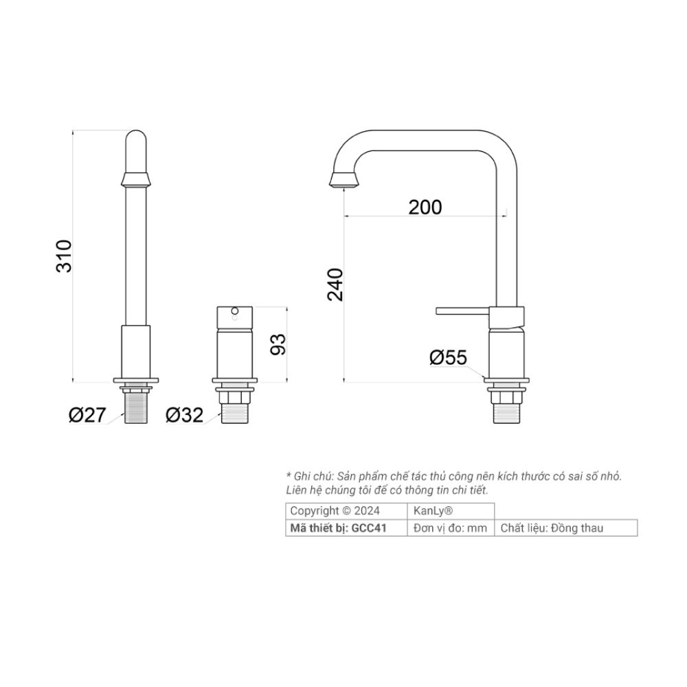 Vòi chậu âm bàn nóng lạnh bằng đồng Kanly GCC41