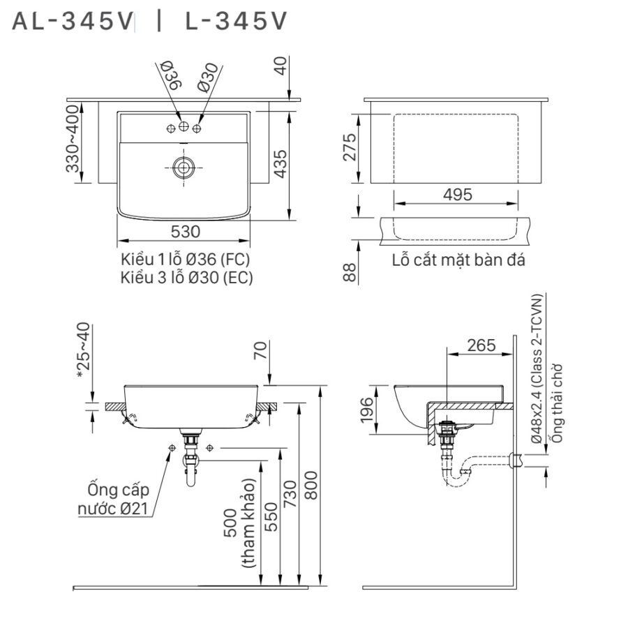 Chậu rửa mặt lavabo bán âm INAX AL-345V (AL345V) (AL-345VFC) men Aqua Ceramic