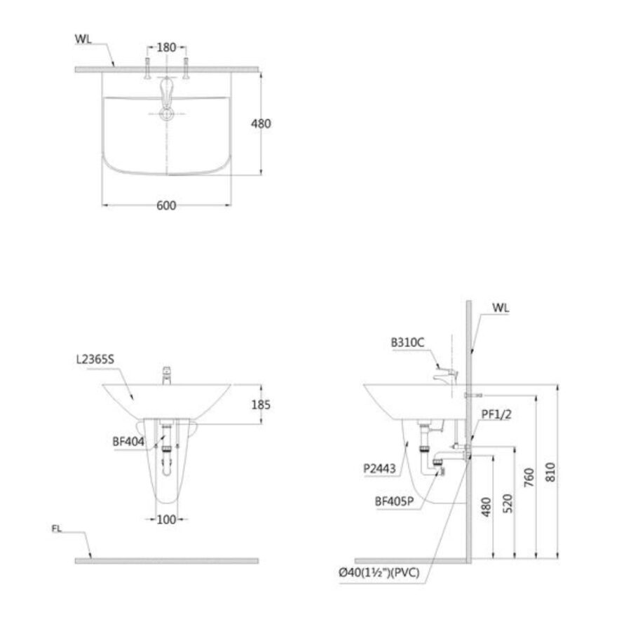 Chậu rửa lavabo treo tường chân lửng Caesar L2365+P2443