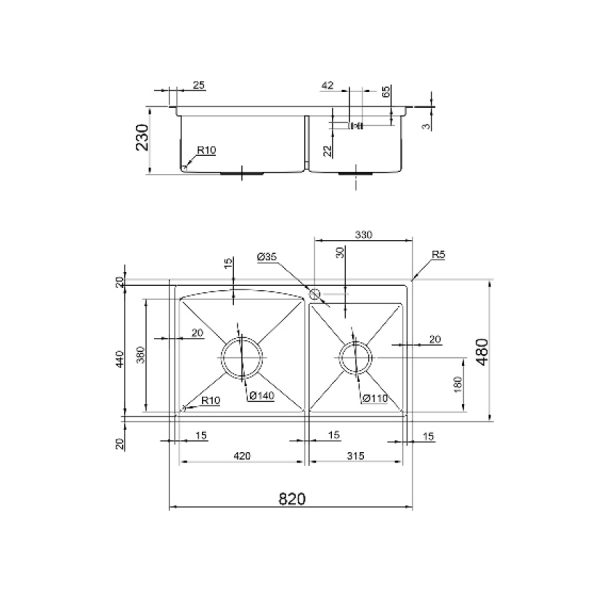 Chậu chén Inox 304 2 hộc 82x48cm Luxta LC8248-3.0