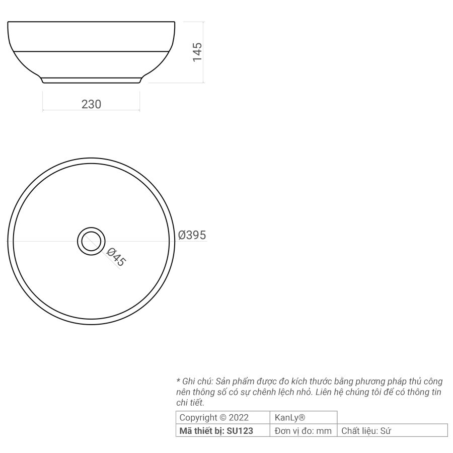 Chậu lavabo đặt bàn Kanly bằng sứ SU123