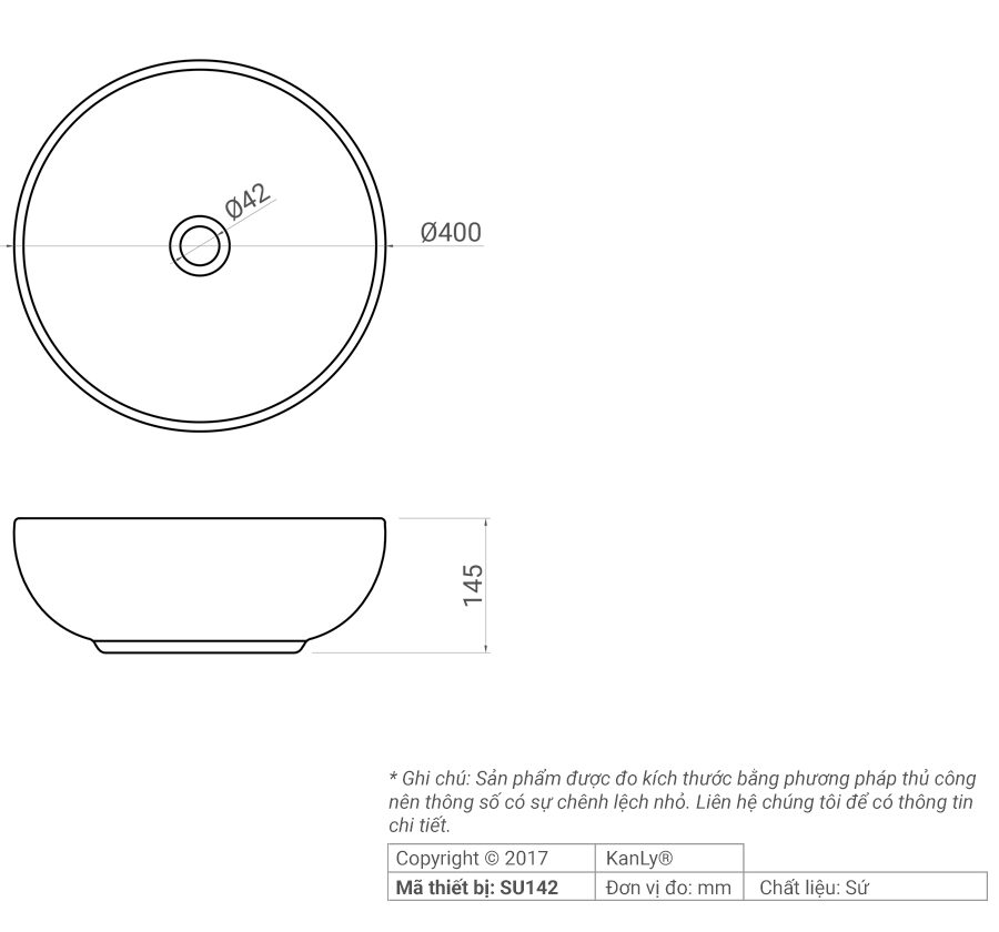 Chậu lavabo đặt bàn Kanly bằng sứ SU142