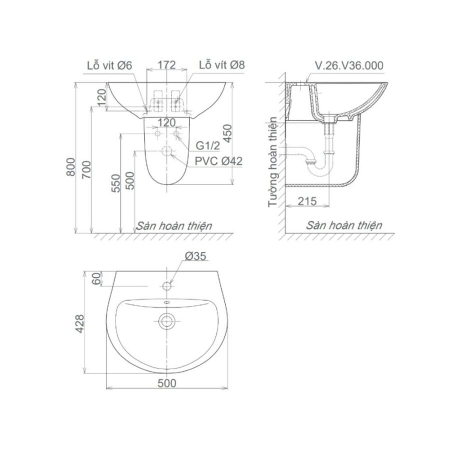 Chậu rửa lavabo treo tường Viglacera V36