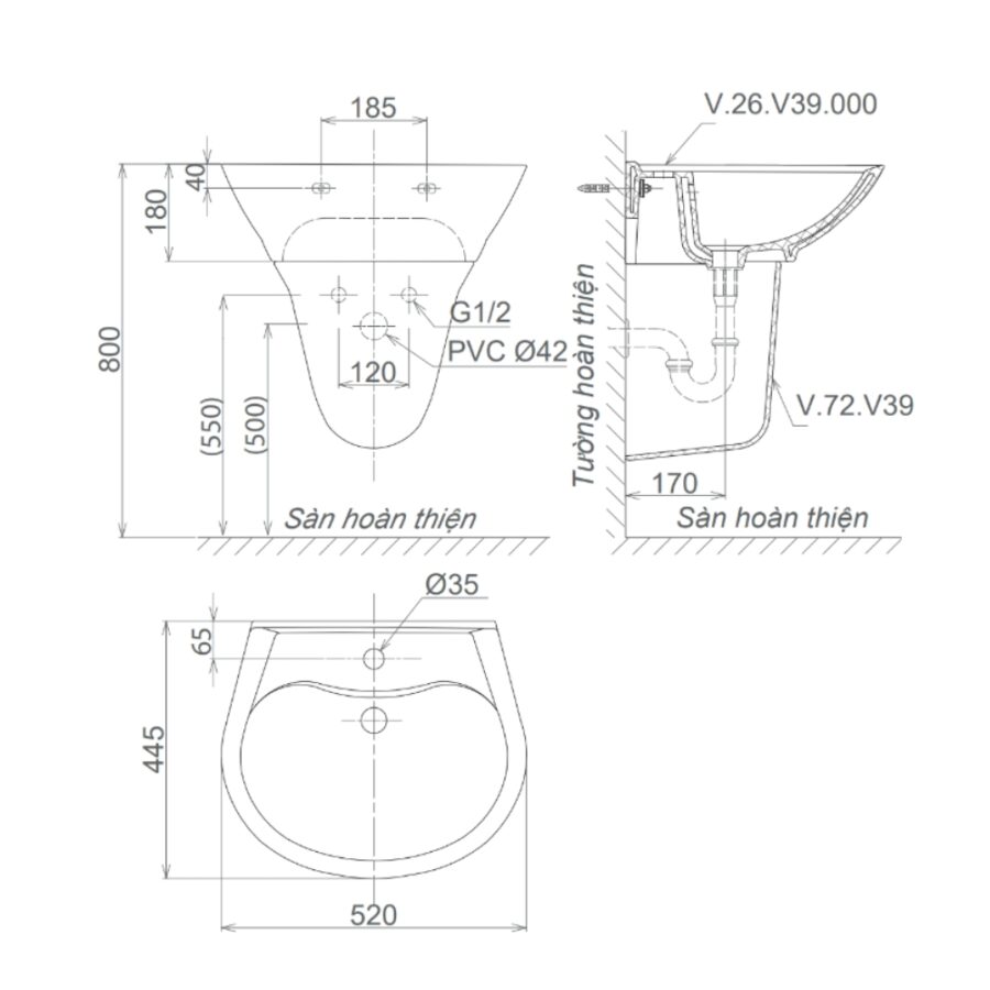 Chậu rửa lavabo treo tường Viglacera V39