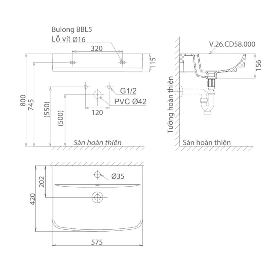 Chậu rửa lavabo treo tường Viglacera V58