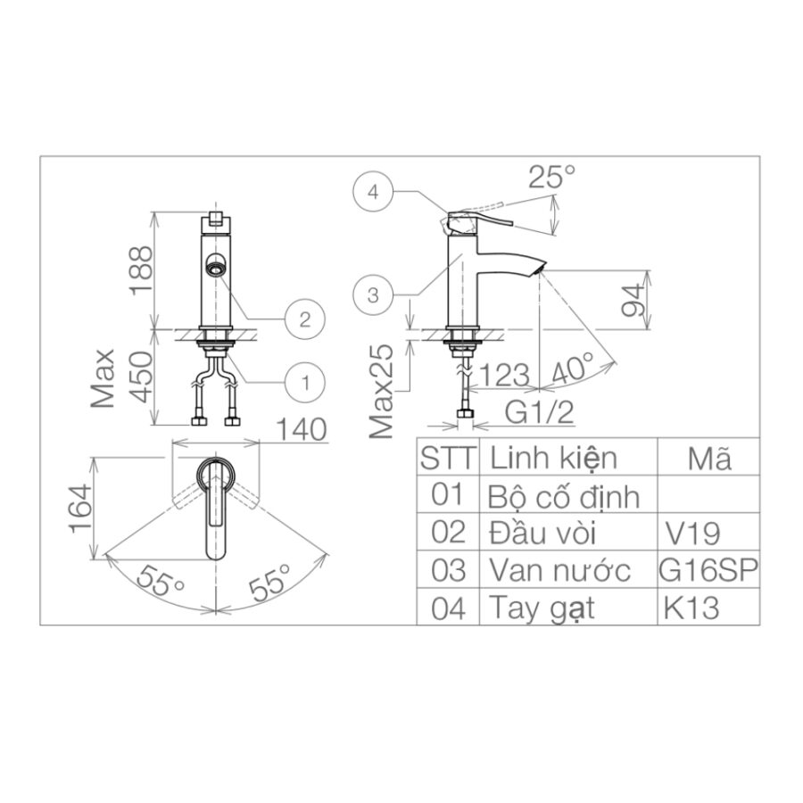 Vòi chậu lavabo nóng lạnh Viglacera VG105