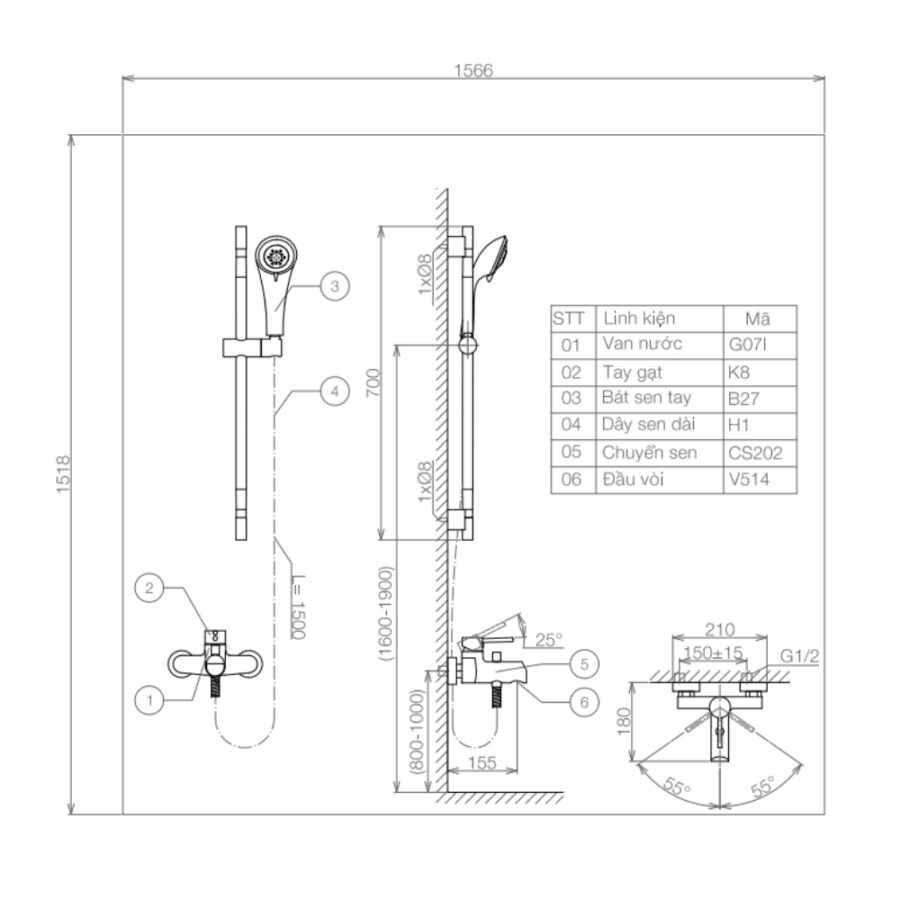 Bộ sen tắm nóng lạnh Viglacera VG541.1 kèm thanh trượt
