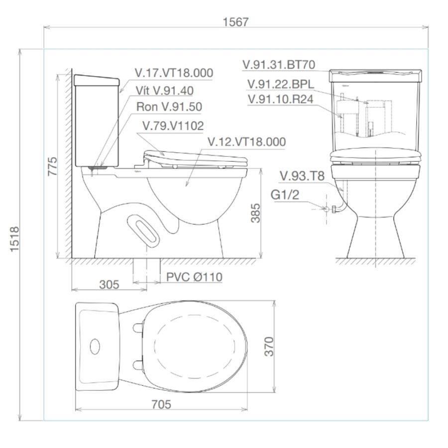 Bồn cầu 2 khối Viglacera VT18M nắp thường / nắp êm
